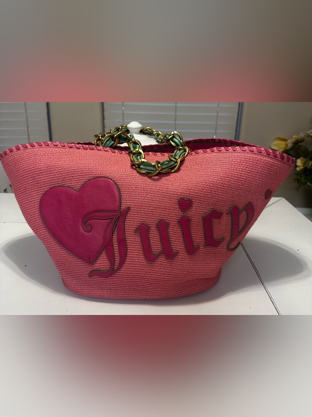 Juicy Couture Pink Straw Tote with Gold Chain and Green Ribbon 🎀